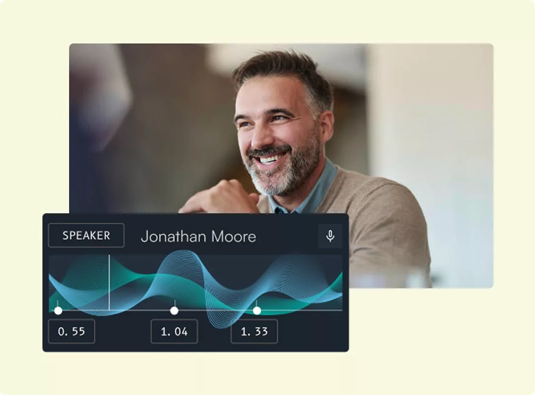 Cloverleaf AI identifying a meeting speaker by voice (Vocal Fingerprinting), labeled Jonathan Moore, with a voiceprint waveform