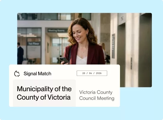 Cloverleaf AI Signal Match card flagging a Victoria County Council meeting as a match for the seller's territory